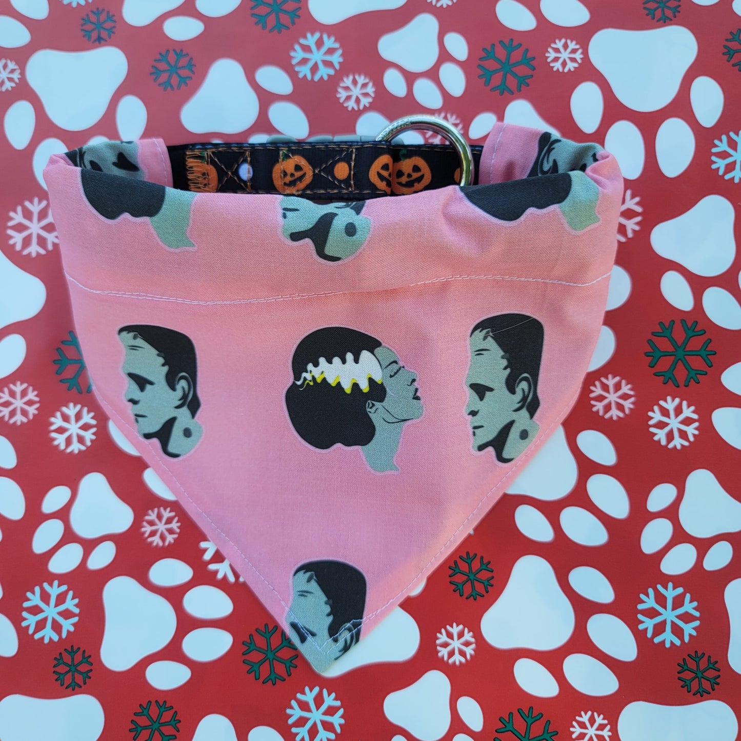 Mr. & Mrs. Frankenstein Pink Medium Dog Bandana (Over the Collar) // Halloween Cat Bandana // Gift for Pets